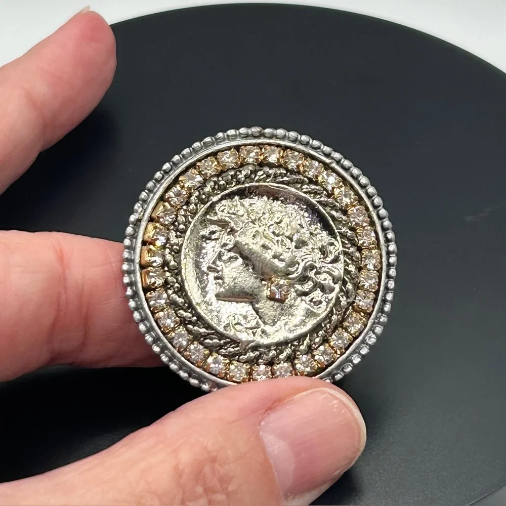 Vintage Silver and Rhinestone Coin Brooch & Scarf Clip